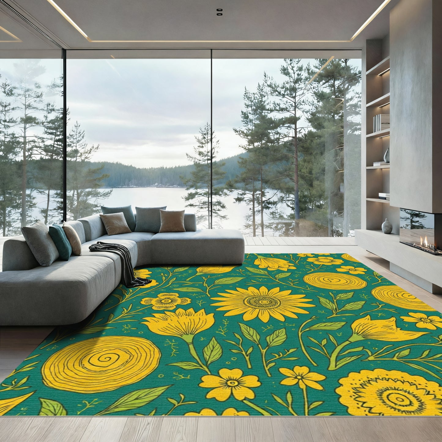 Golden Yellow Floral Garden Rug