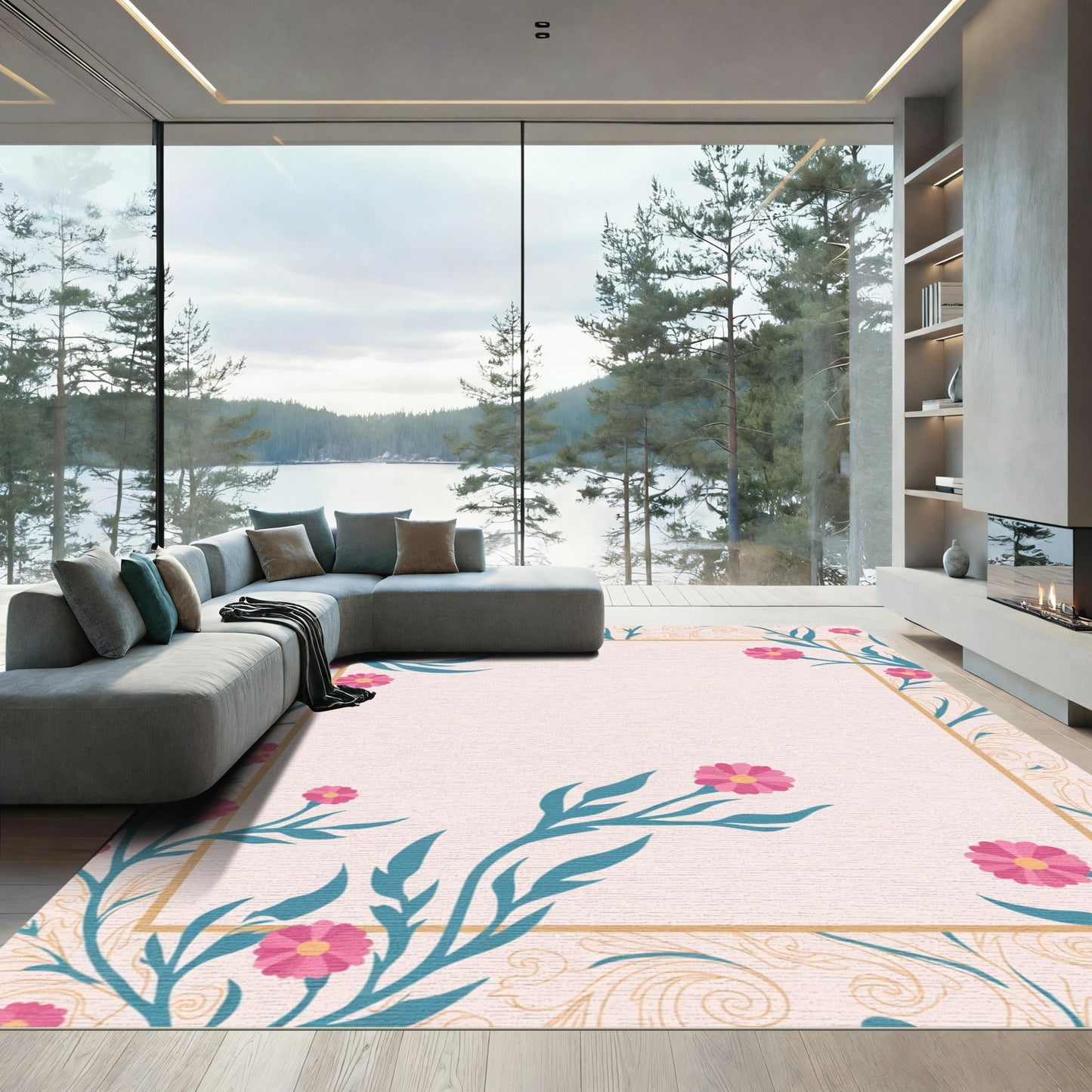 Pink Floral Branches Golden Swirls Rug