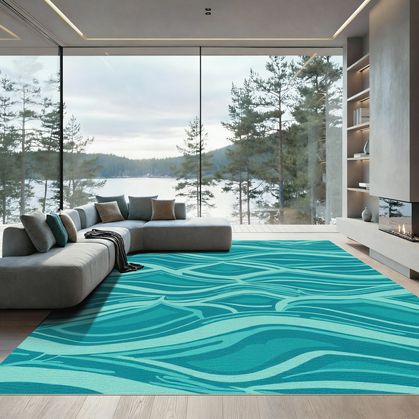 Teal Abstract Water Wave Rug