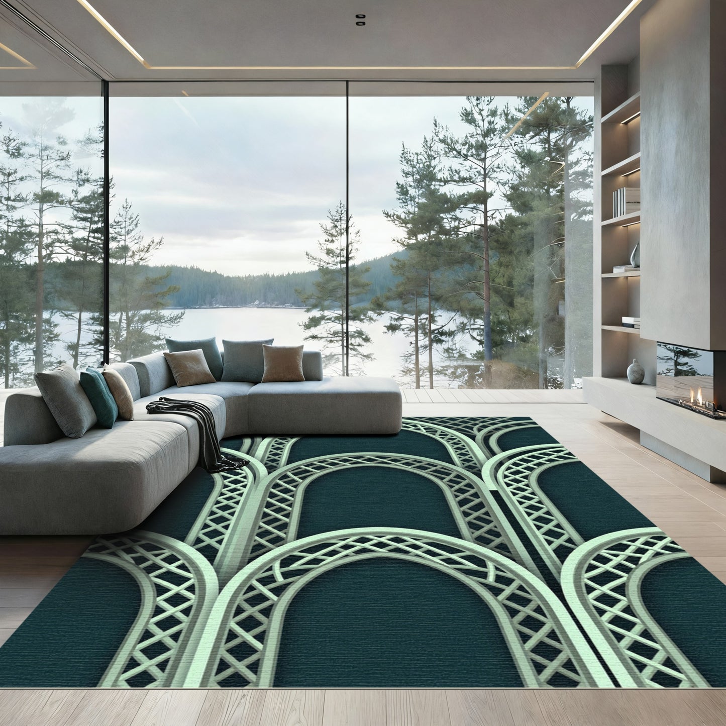 Elegant Teal Arch Lattice Geometric Rug
