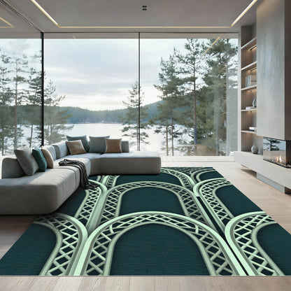 Elegant Teal Arch Lattice Geometric Rug