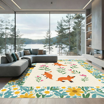 Whimsical Orange Foxes Pink Floral Meadow Rug