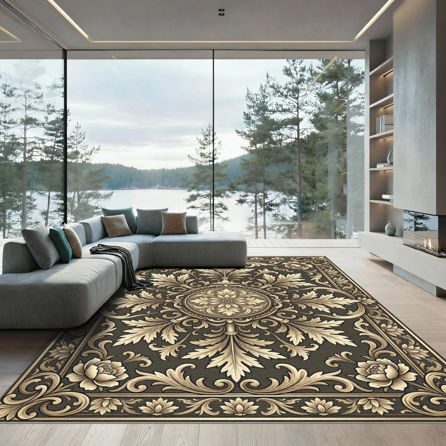 Elegant Gold Leaf Filigree Scrollwork Rug