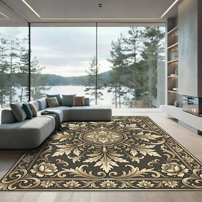 Elegant Gold Leaf Filigree Scrollwork Rug