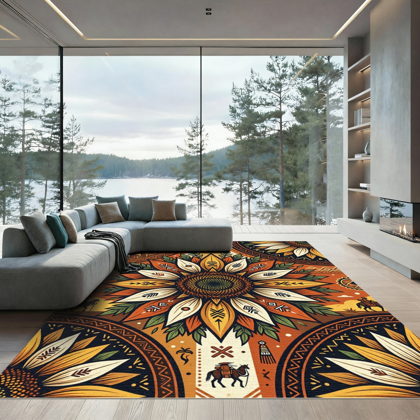 Sunflower Western Equine Earthy Floral Tapestry Rug