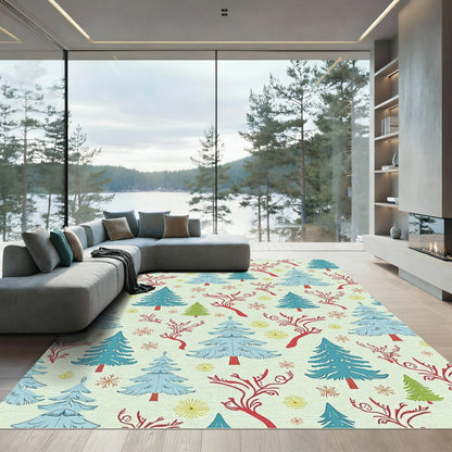 Winter Pine Tree Red Branch Snowflakes Rug