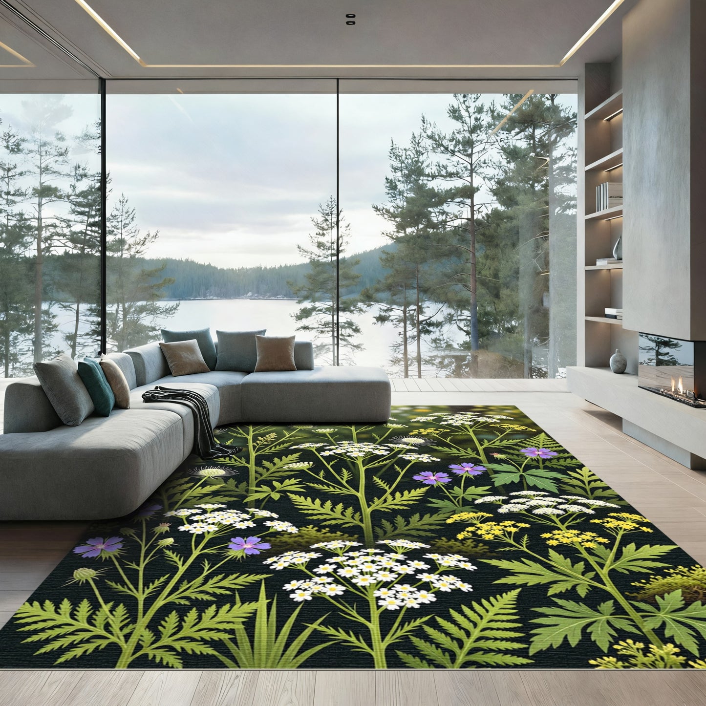 Botanical White Yellow Purple Bloom Collage Rug