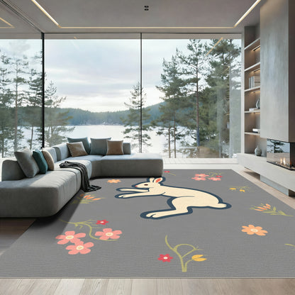 Light Cream Rabbit Floral Garden Rug
