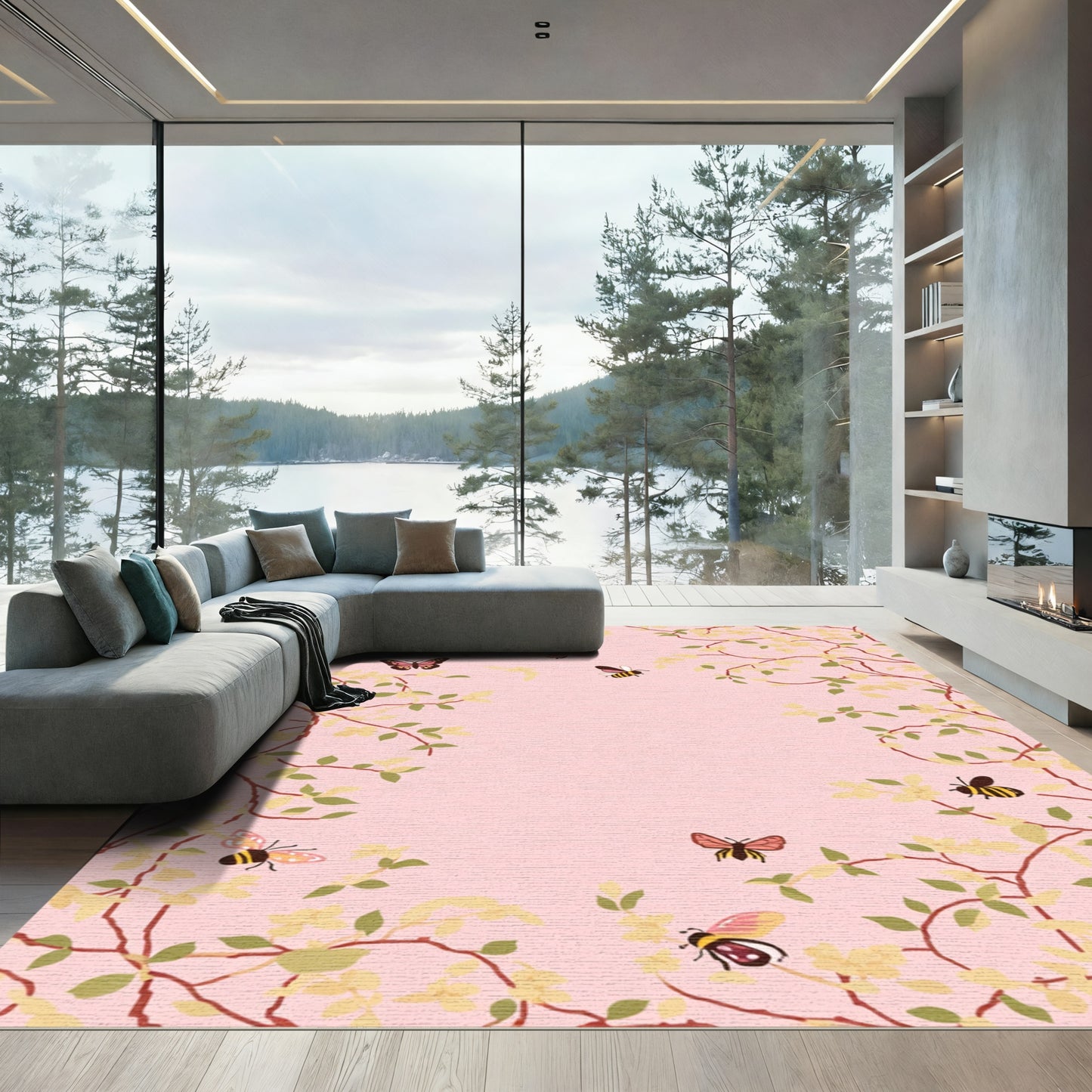Whimsical Pink Butterfly and Bee Garden Rug
