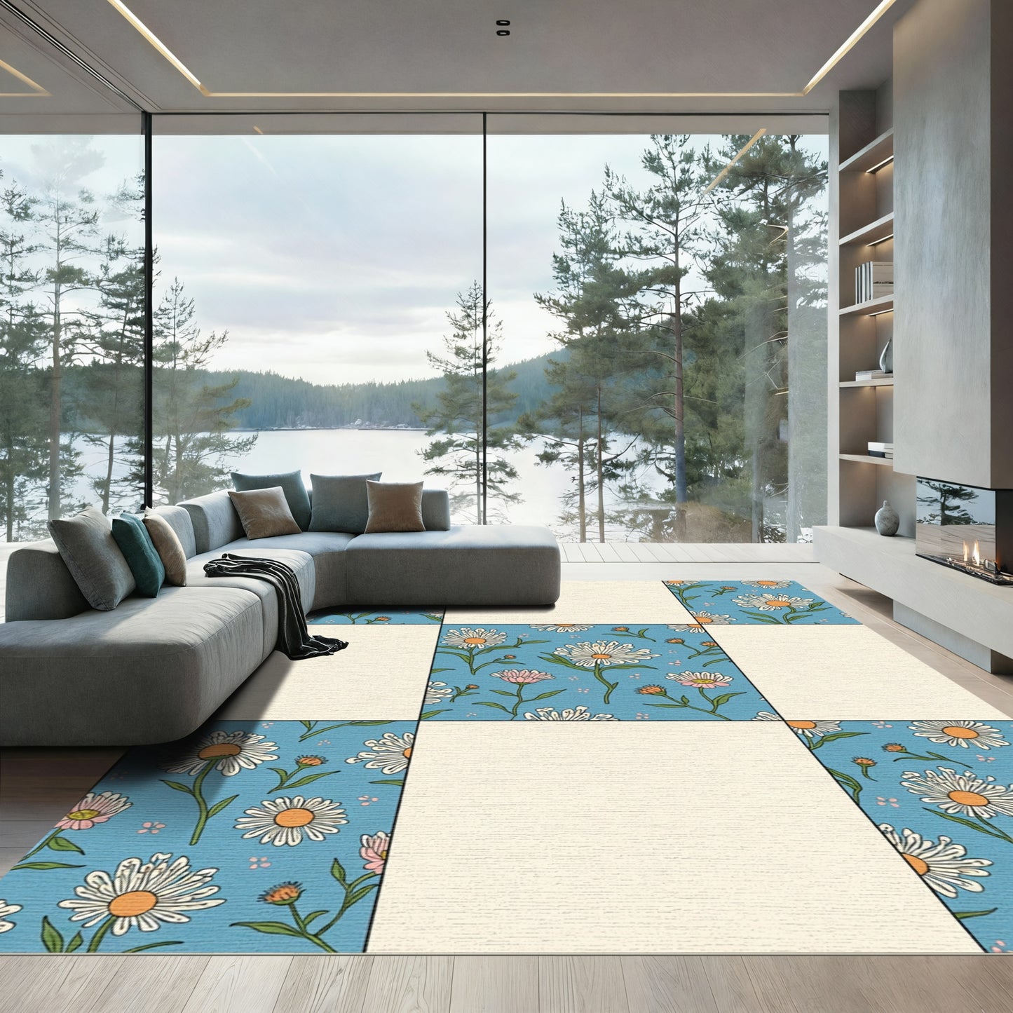 Retro Blue Daisy Floral Patchwork Rug