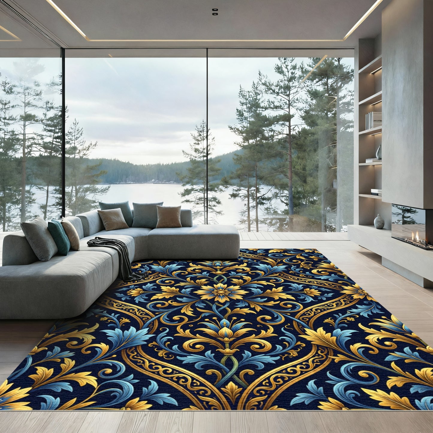 Ornate Golden Blue Floral Damask Rug