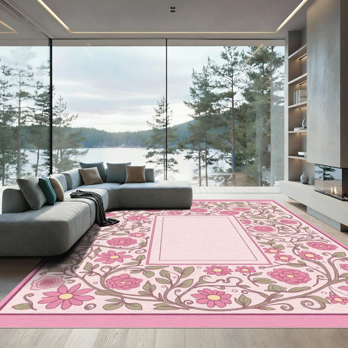 Sweet Pink Floral Vine Border Rug