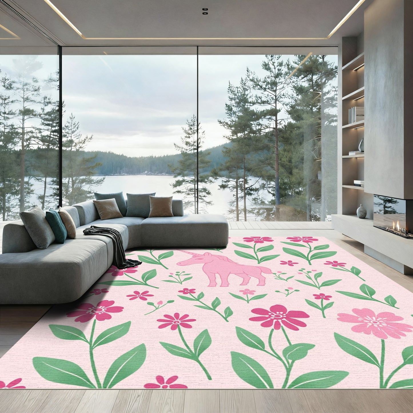 Pink Unicorn Floral Garden Arrangement Rug