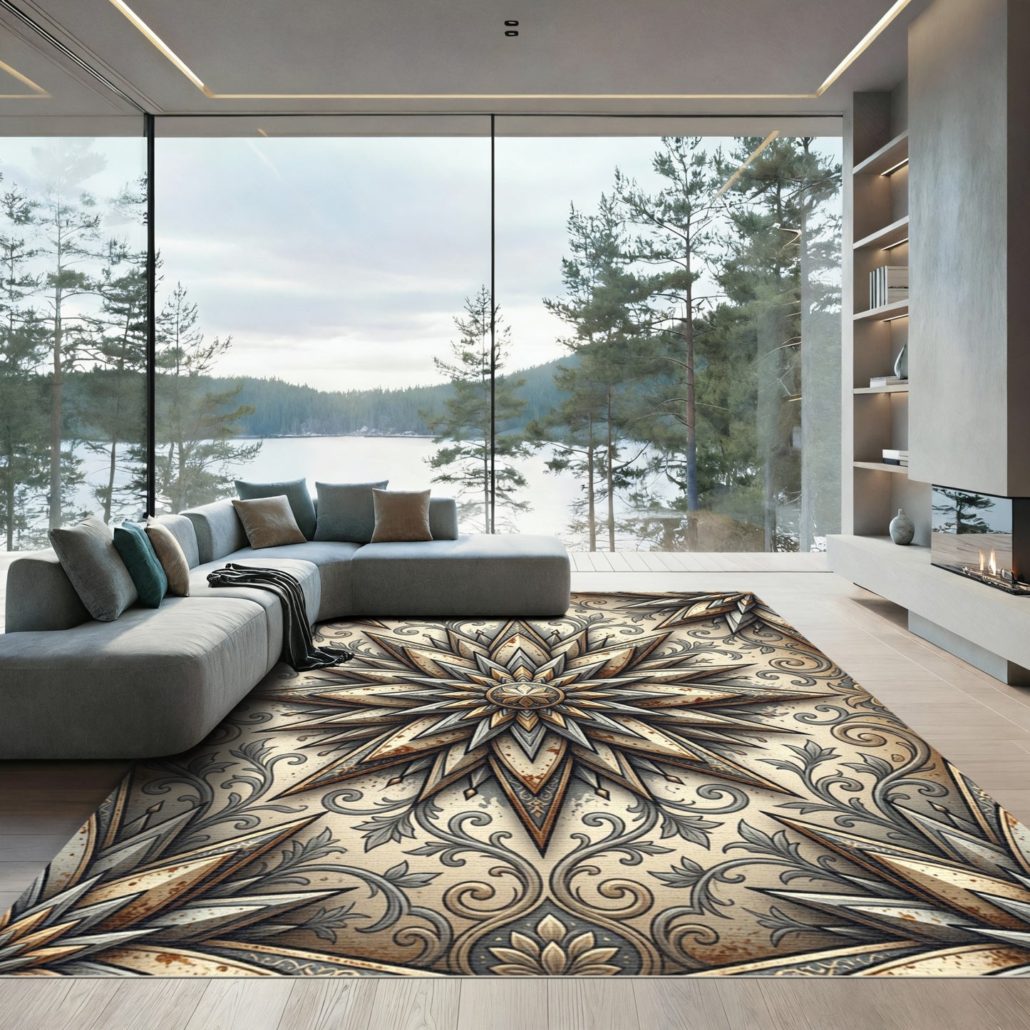 Ornate Metallic Gold Star Medallion Rug