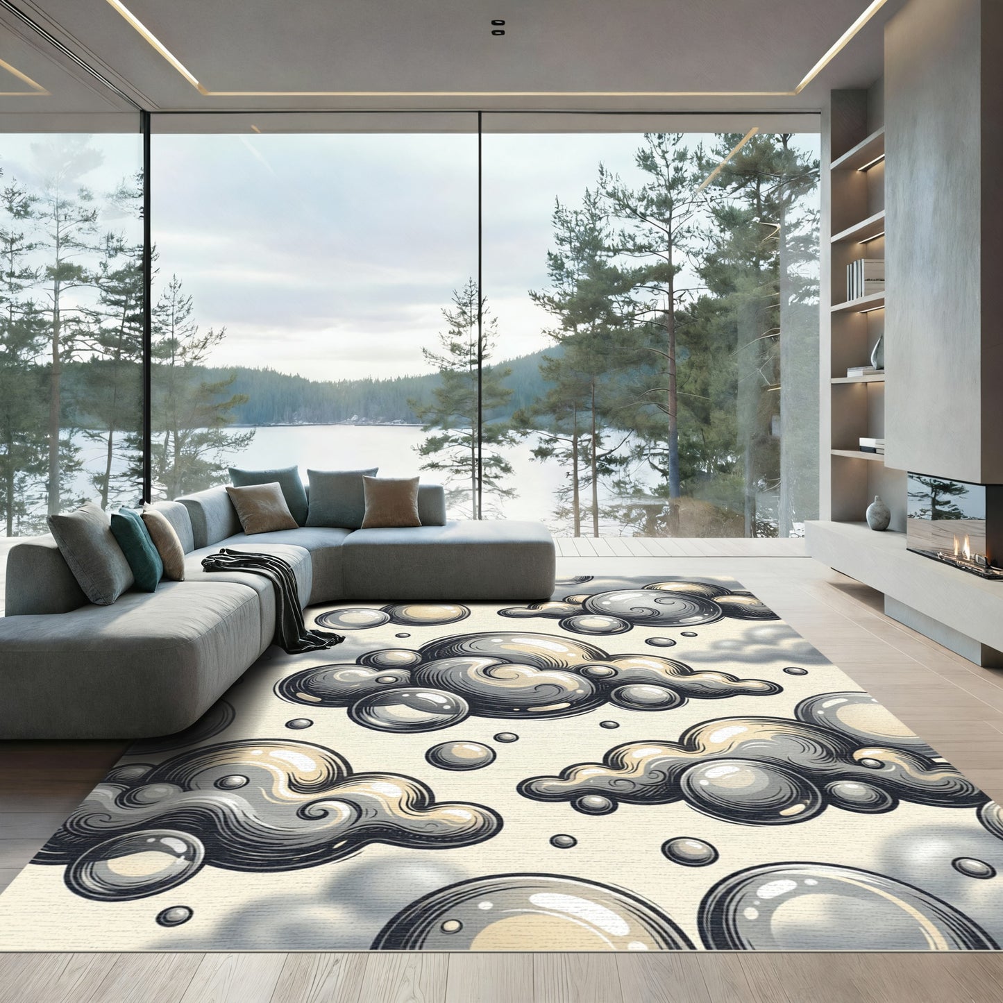 Whimsical Gray Bubbles and Clouds Rug
