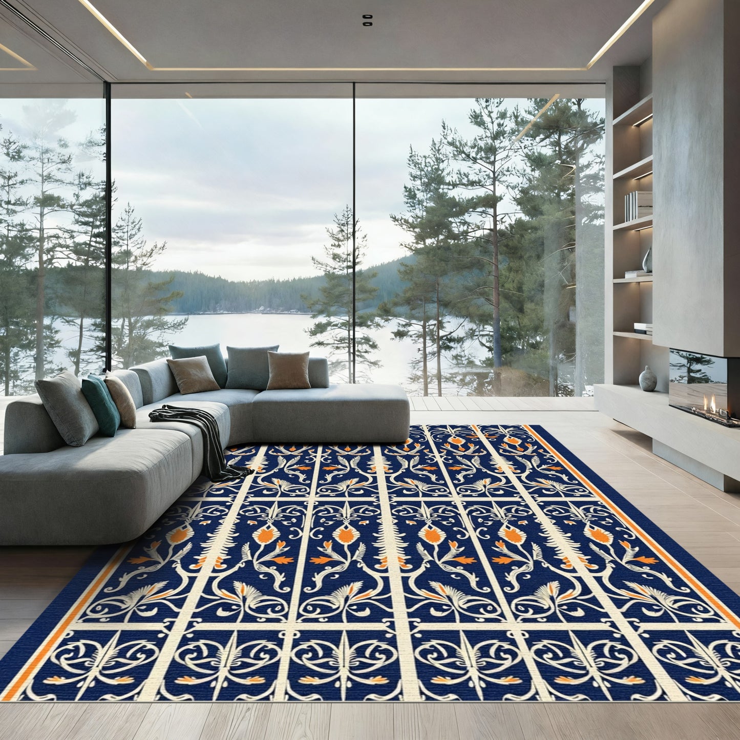 Deep Blue Orange Floral Garden Lattice Rug