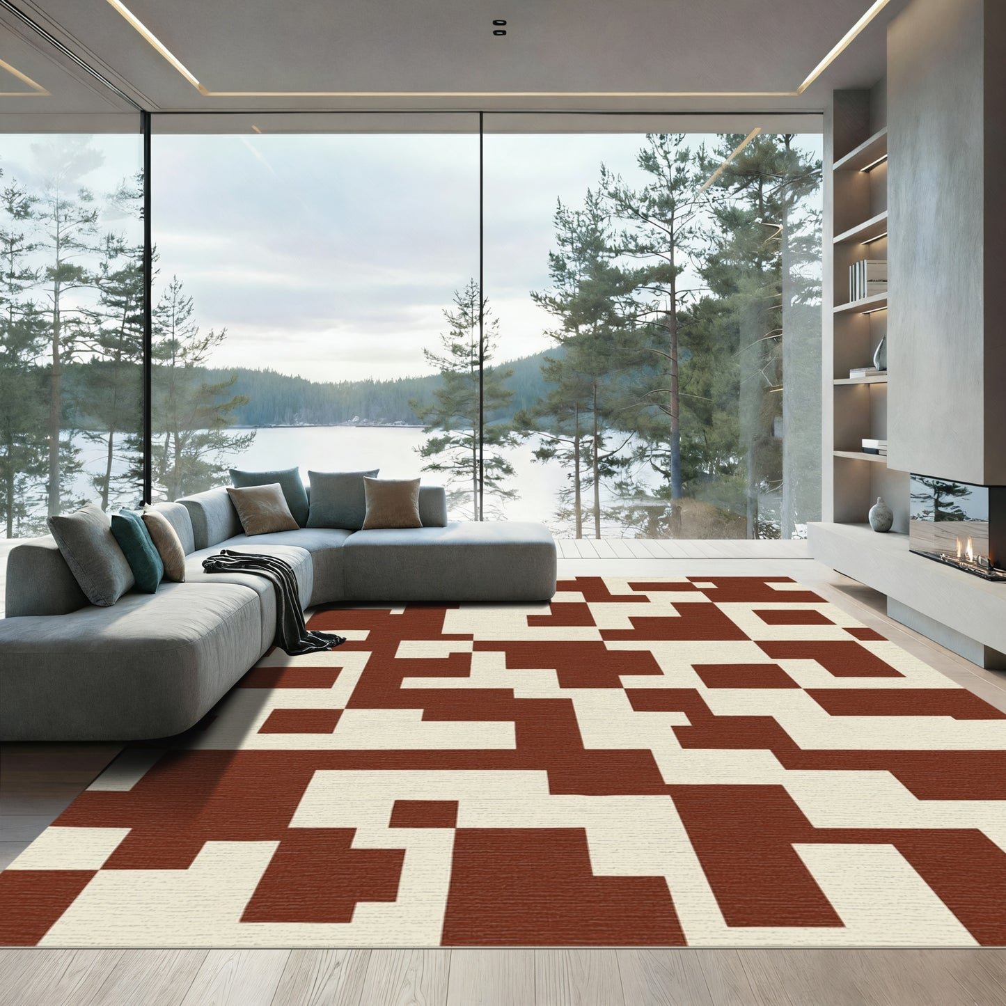 Deep Red Cream Geometric Blocks Rug