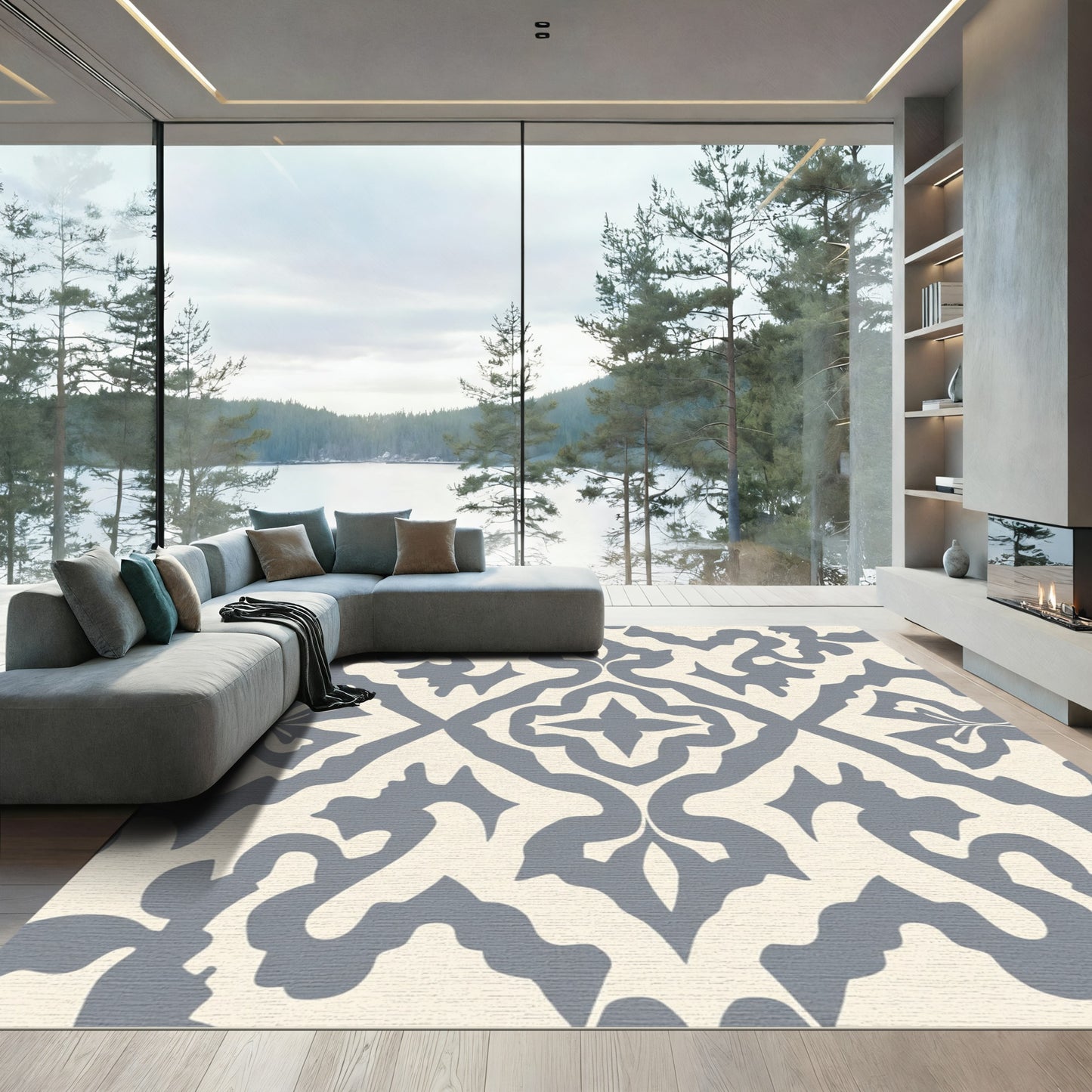Grey Cream damask ornamental arrangement Rug