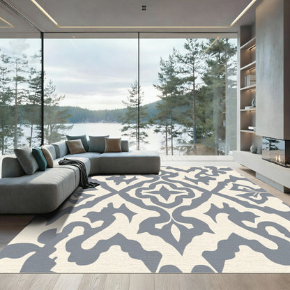 Grey Cream damask ornamental arrangement Rug