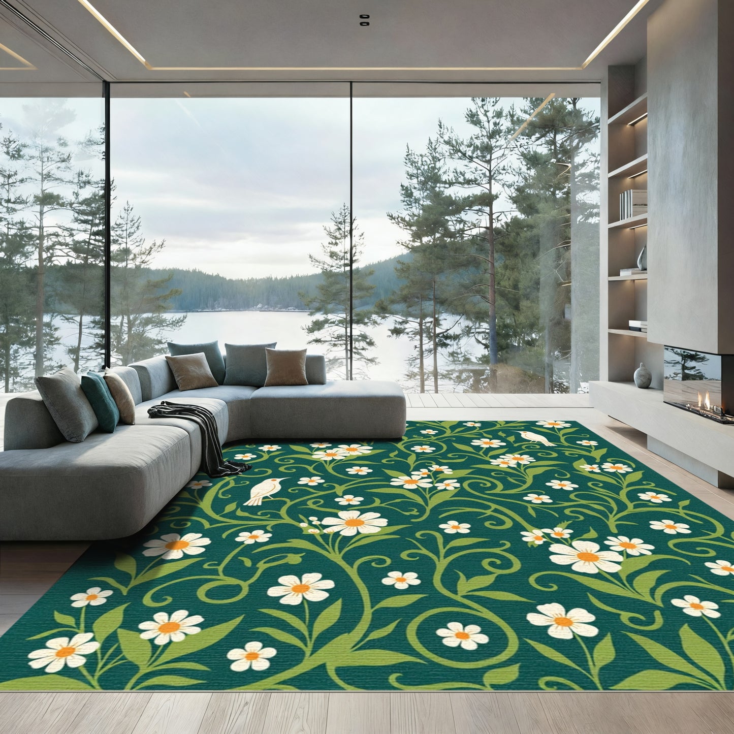 White Daisy Birds Verdant Vine Rug
