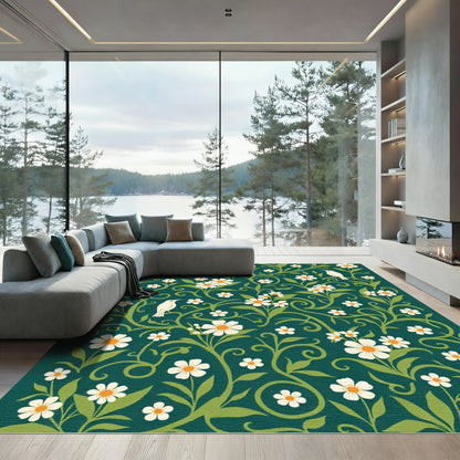 White Daisy Birds Verdant Vine Rug