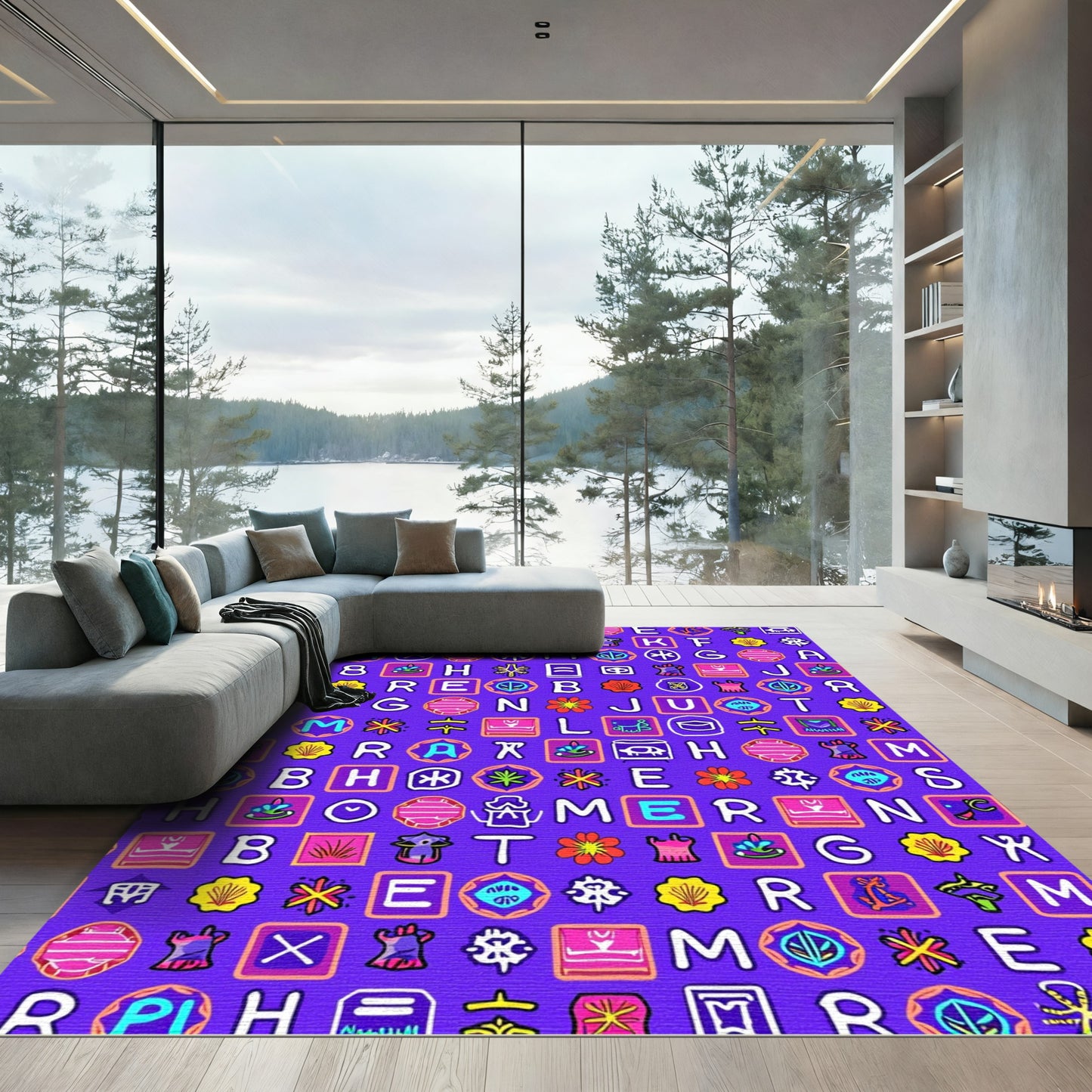 Vibrant Alphabet Icons Purple Field Rug