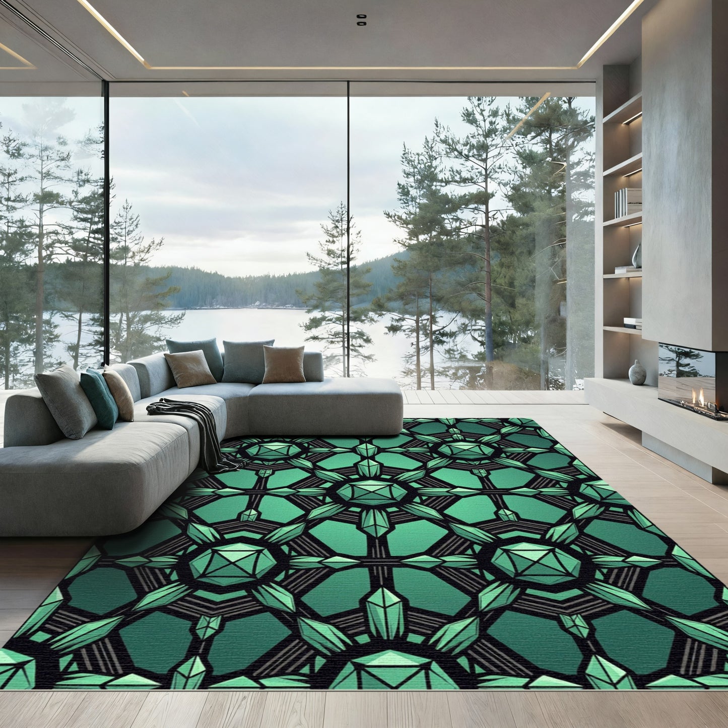 Emerald Geometric Crystal Hexagon Art Rug