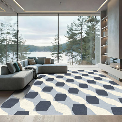 Muted Blue Ochre Geometric Overlay Rug
