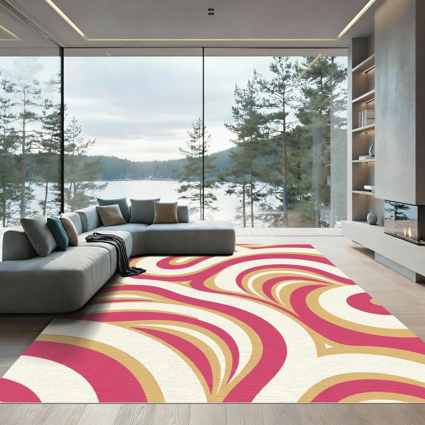 Vibrant Red Gold Swirl Waves Rug