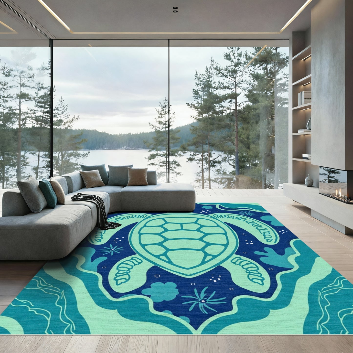 Aqua Turtle Ocean Waves Rug