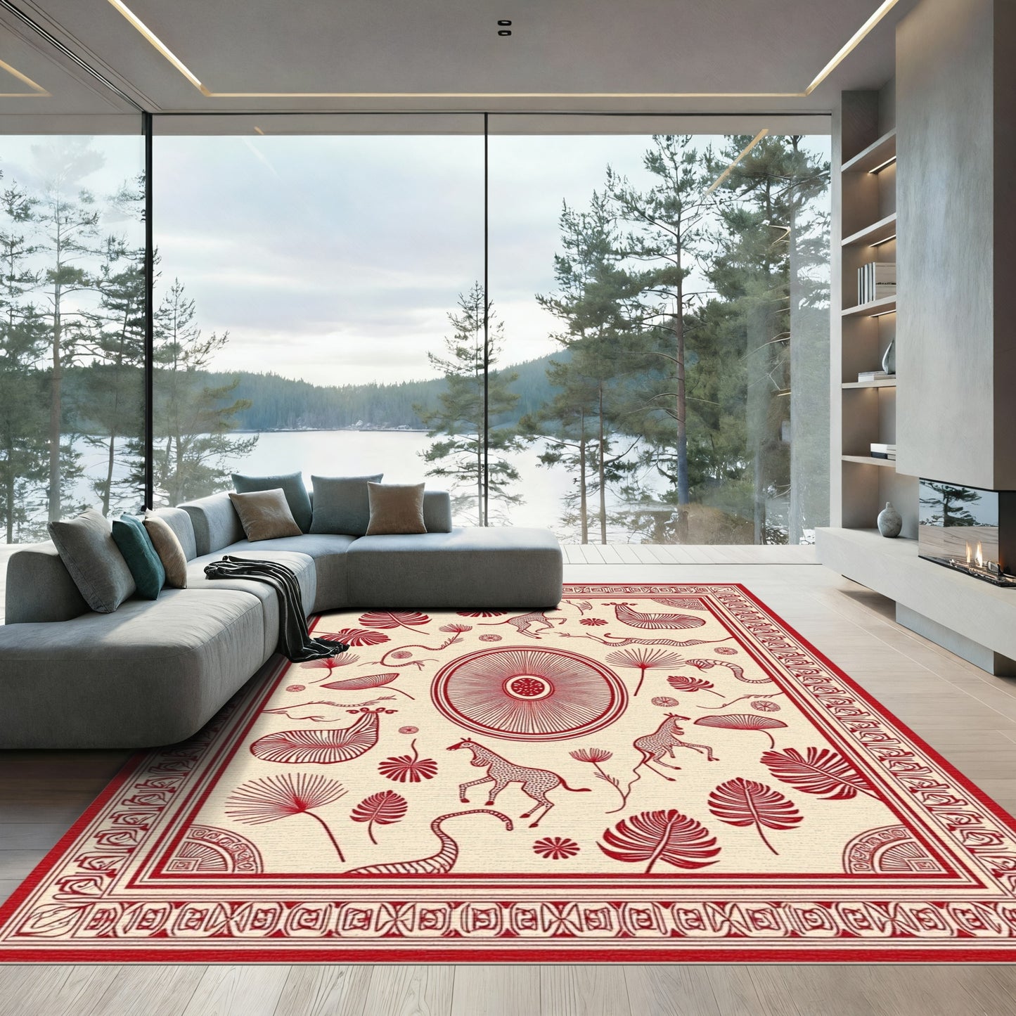 Crimson Giraffe Tropical Woodland Scene Rug