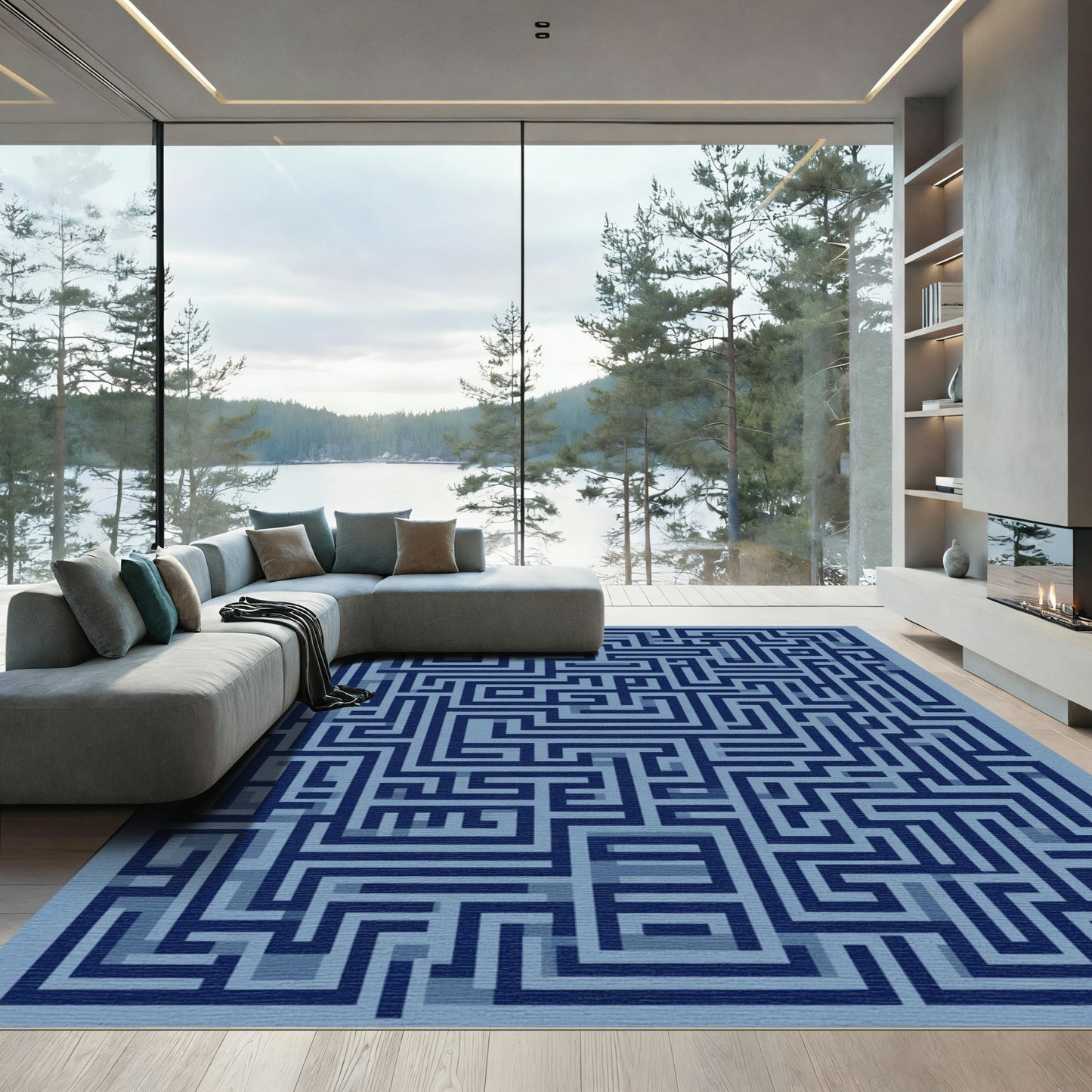 Navy Blue Geometric Maze Rug