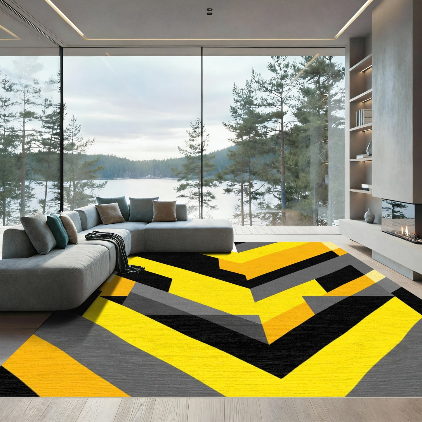 Modern Yellow Black Gray Geometric Rug
