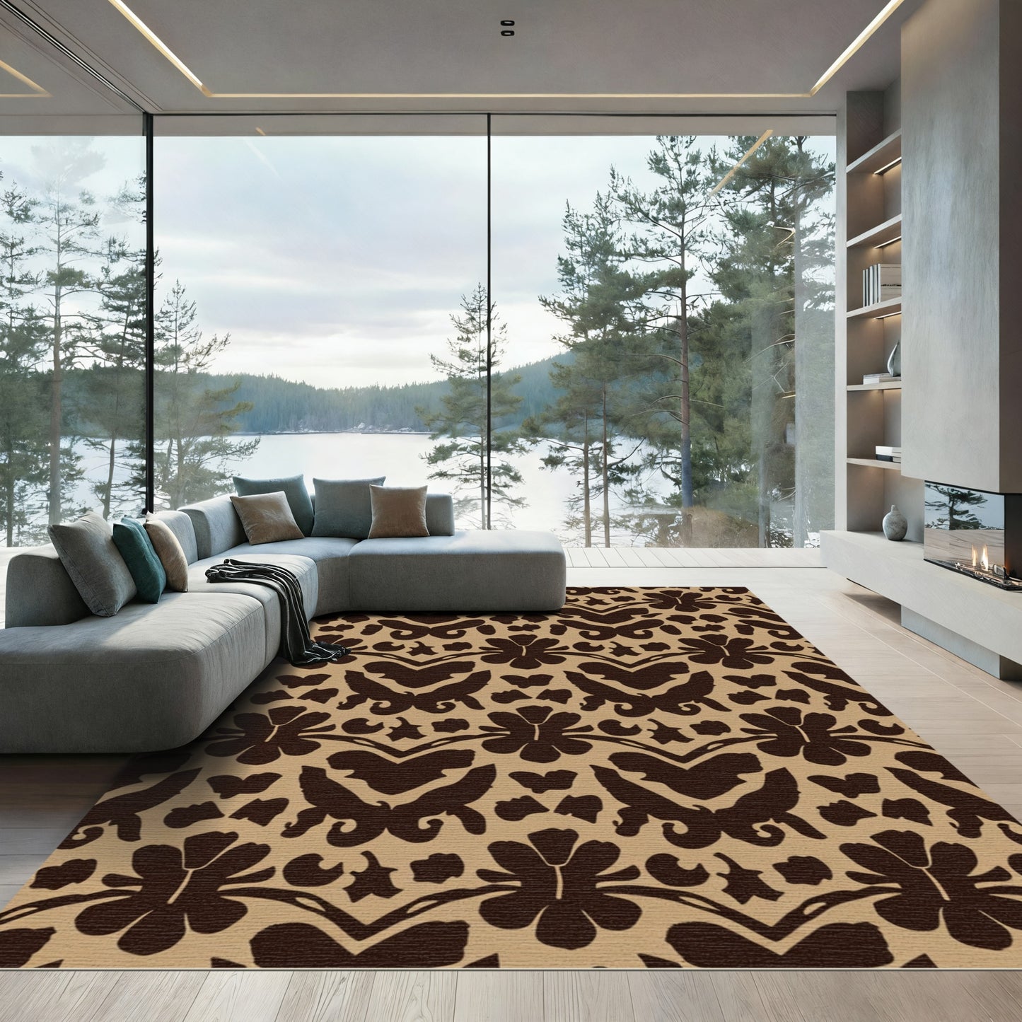 Deep Brown Floral Medallion Camel Rug