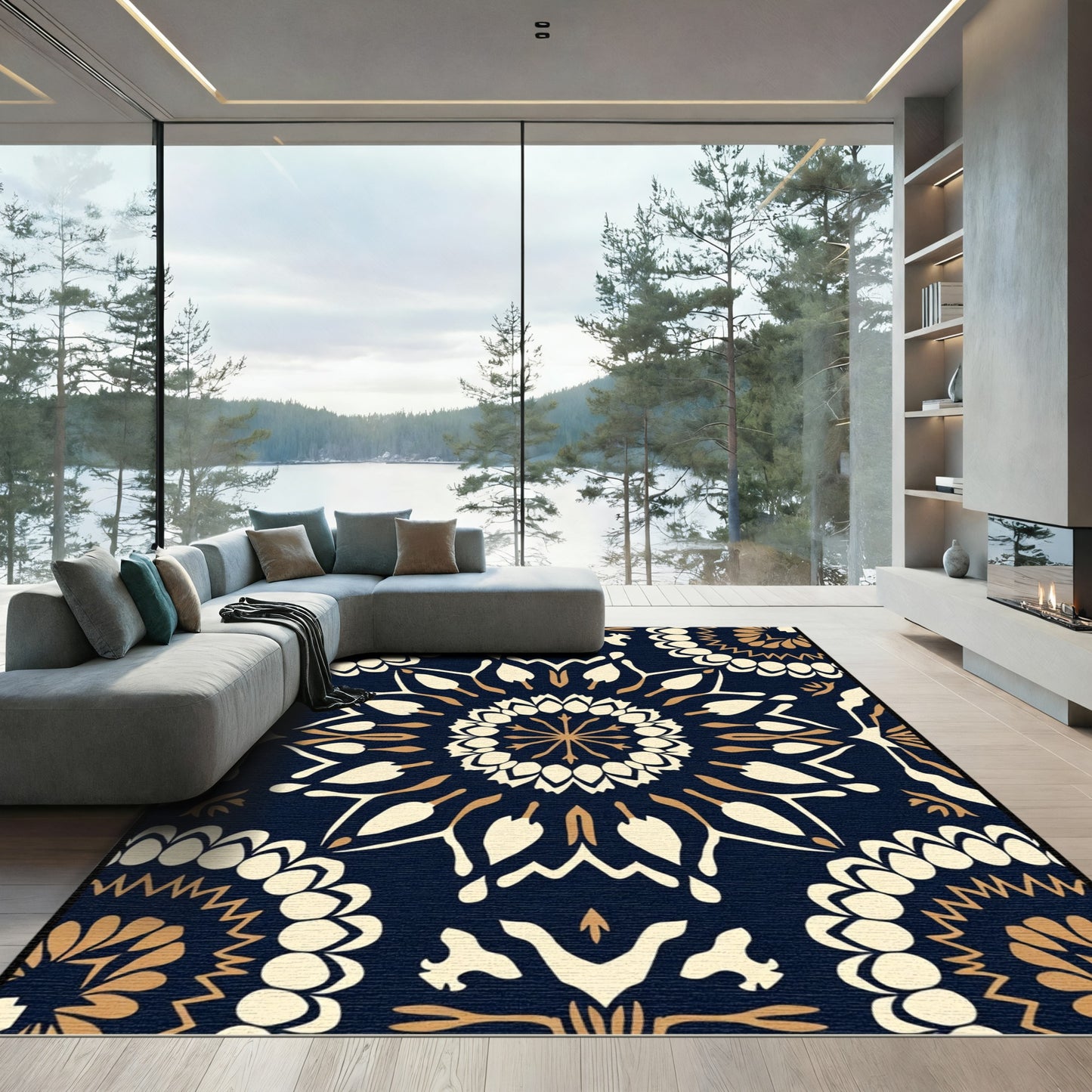 Navy Cream Gold Mandala Medallion Rug