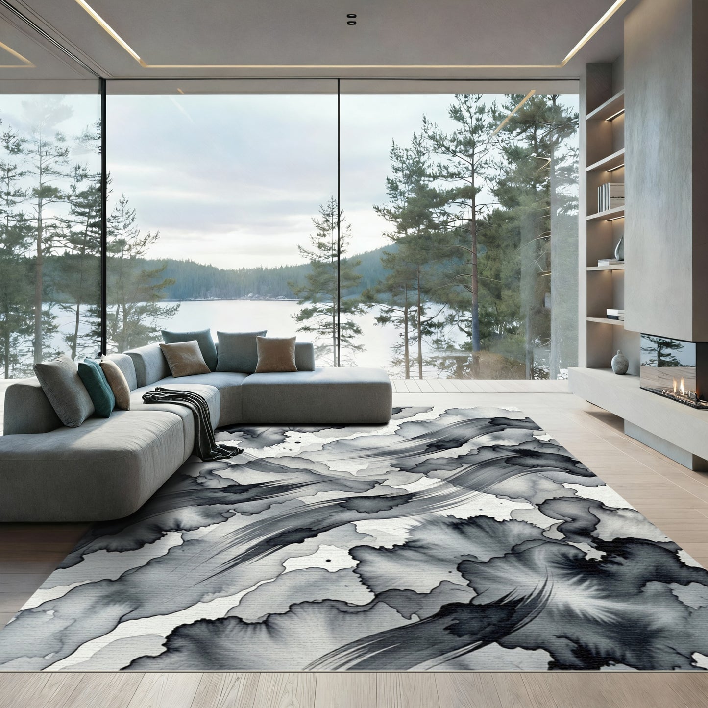 Monochrome Ink Wash Abstract Wave Flow Rug