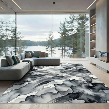 Monochrome Ink Wash Abstract Wave Flow Rug