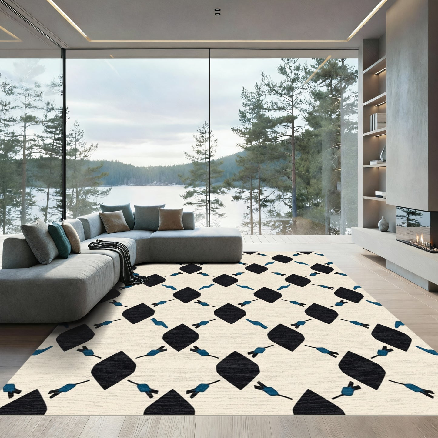 Cream Black Blue Diamond Lattice Rug