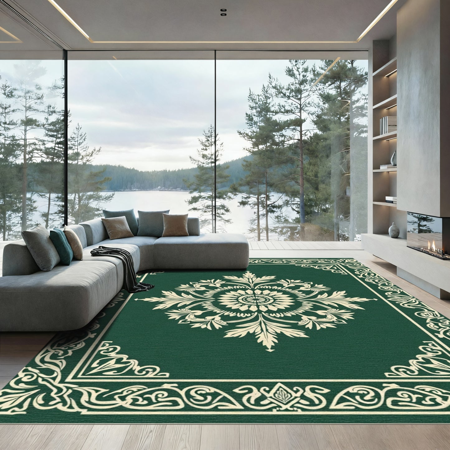 Green Floral Medallion Border Rug