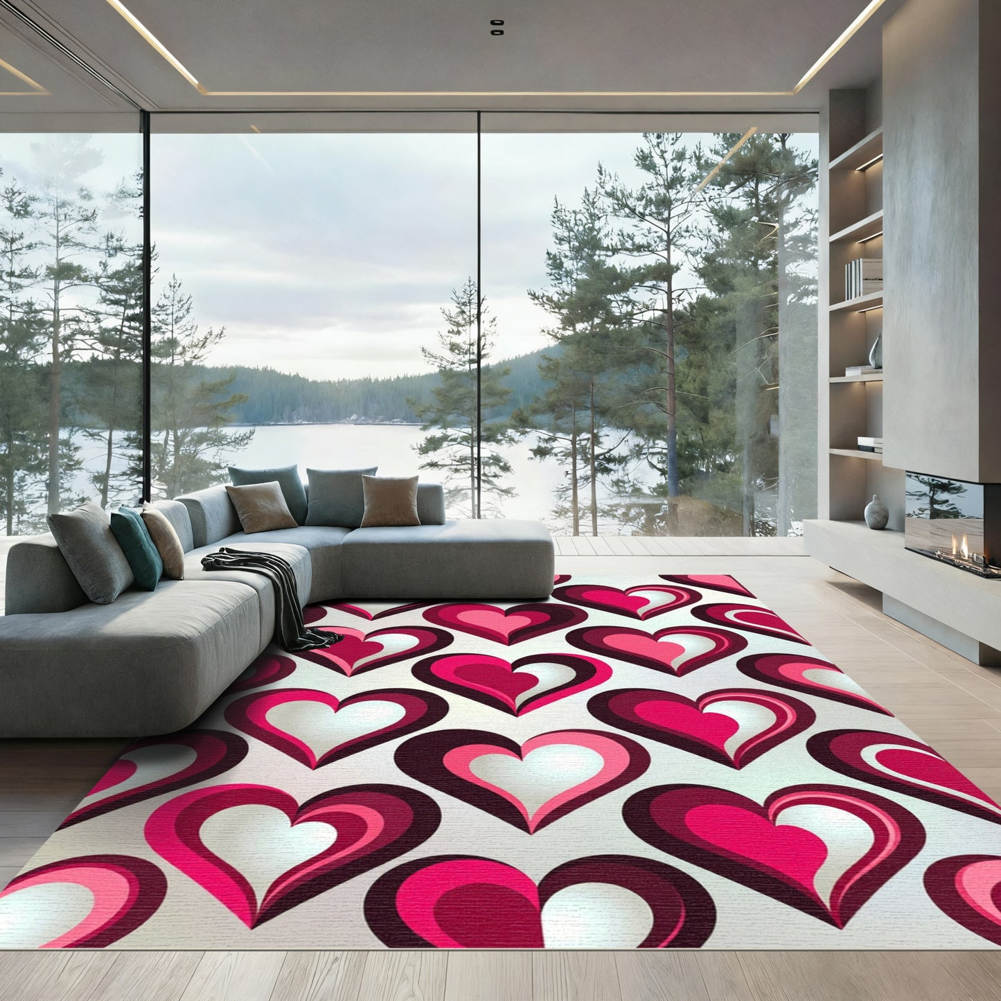 Retro Pink Layered Heart Arrangement Rug