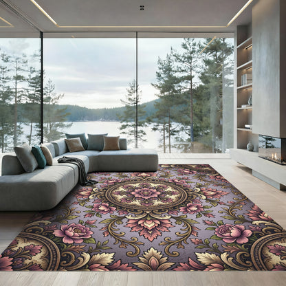 Vintage Mauve Floral Medallion Scroll Rug