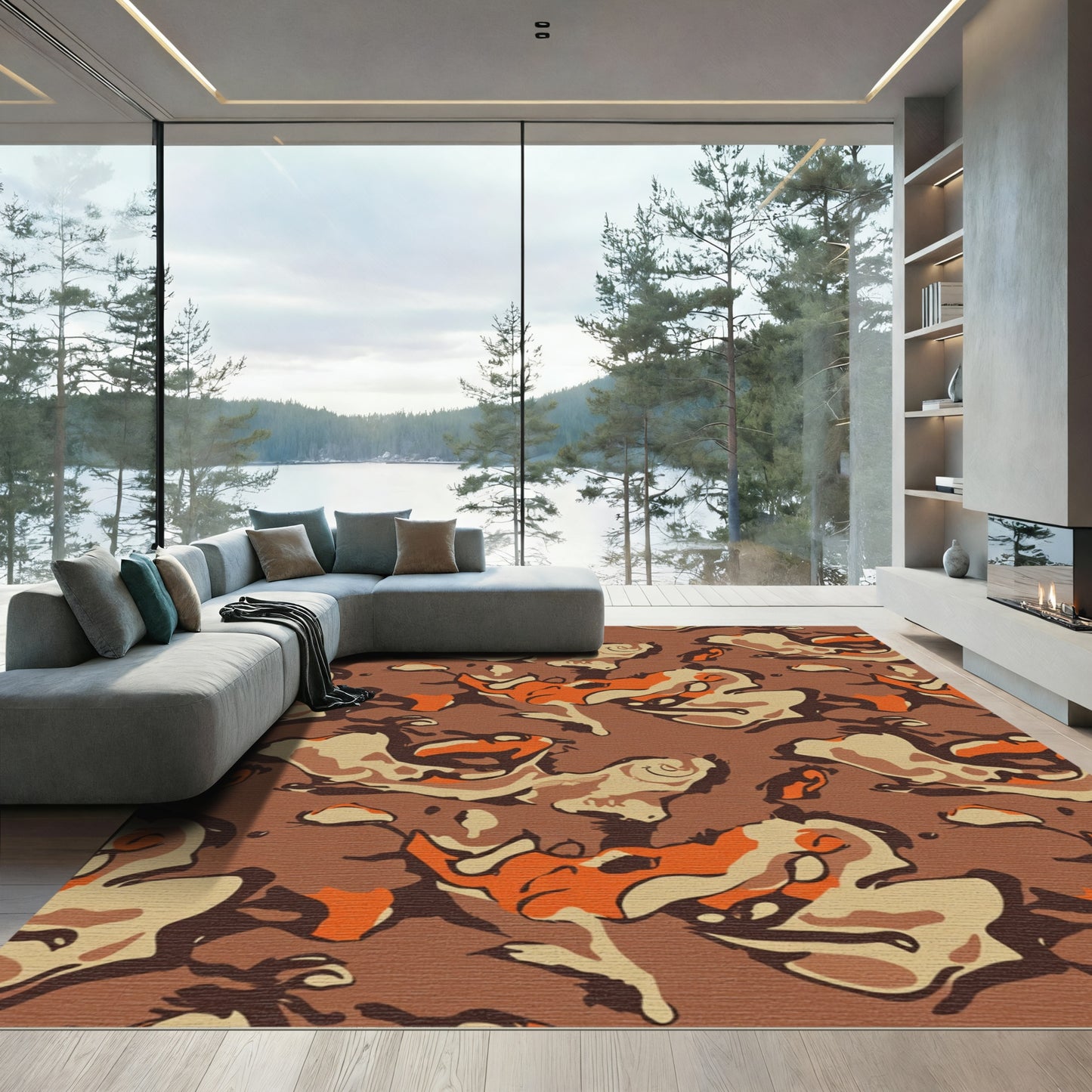 Brown Orange Abstract Camouflage Rug