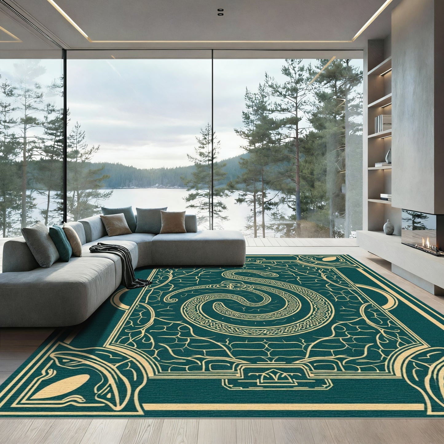 Teal Gold Serpent Crest Emblem Rug