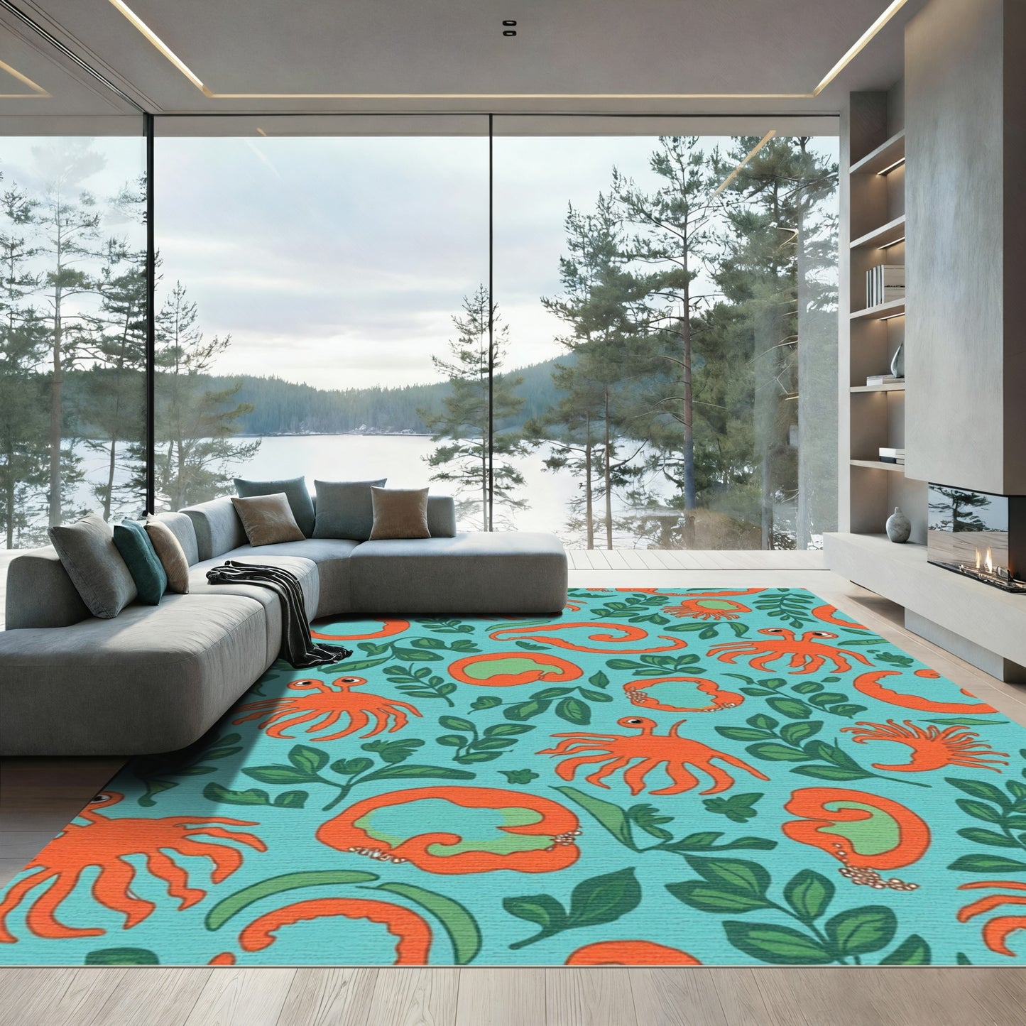 Aqua Orange Sea Creature Foliage Scene Rug