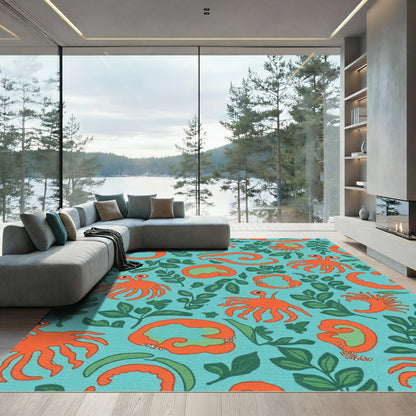Aqua Orange Sea Creature Foliage Scene Rug