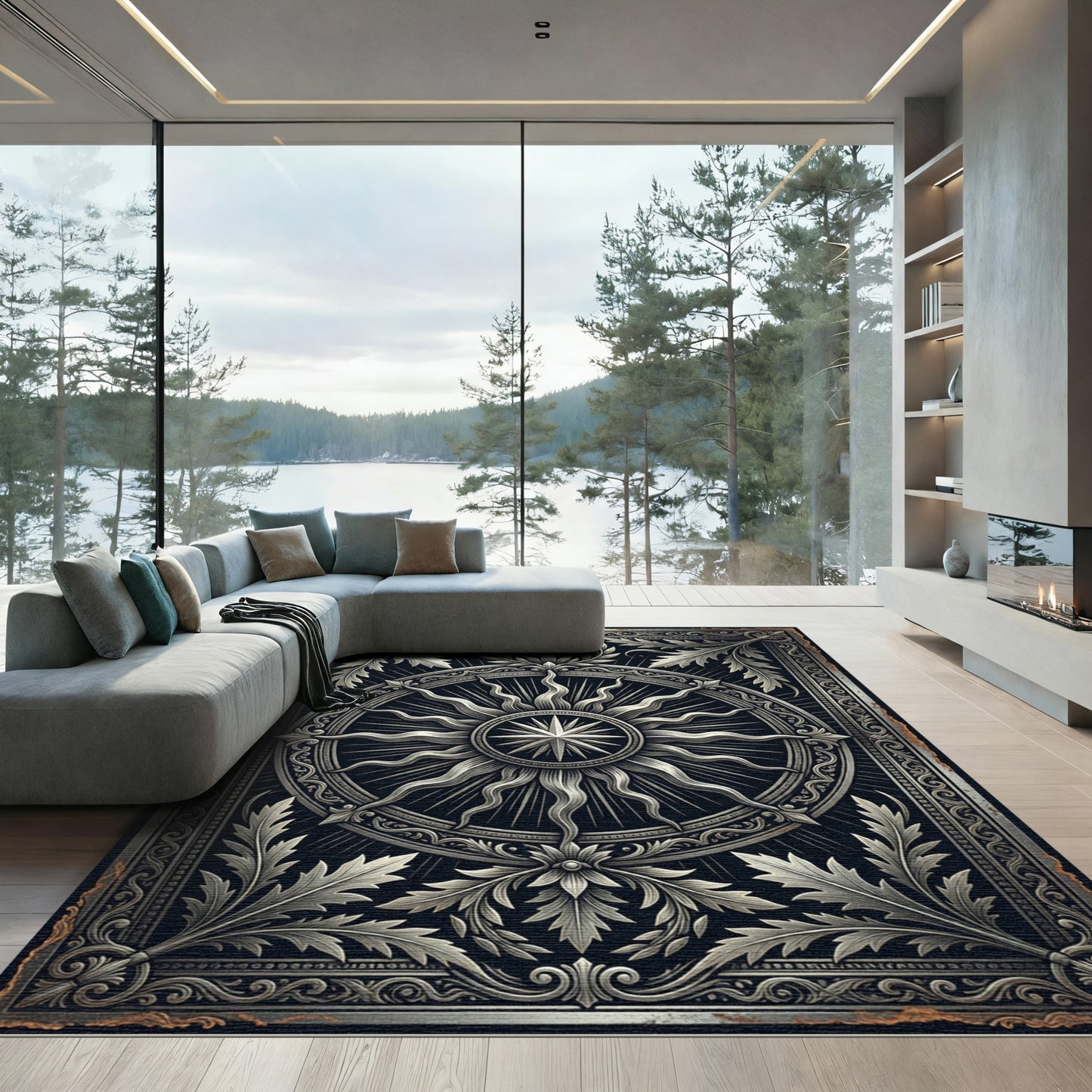 Baroque Silver Sunburst Ornate Medallion Rug