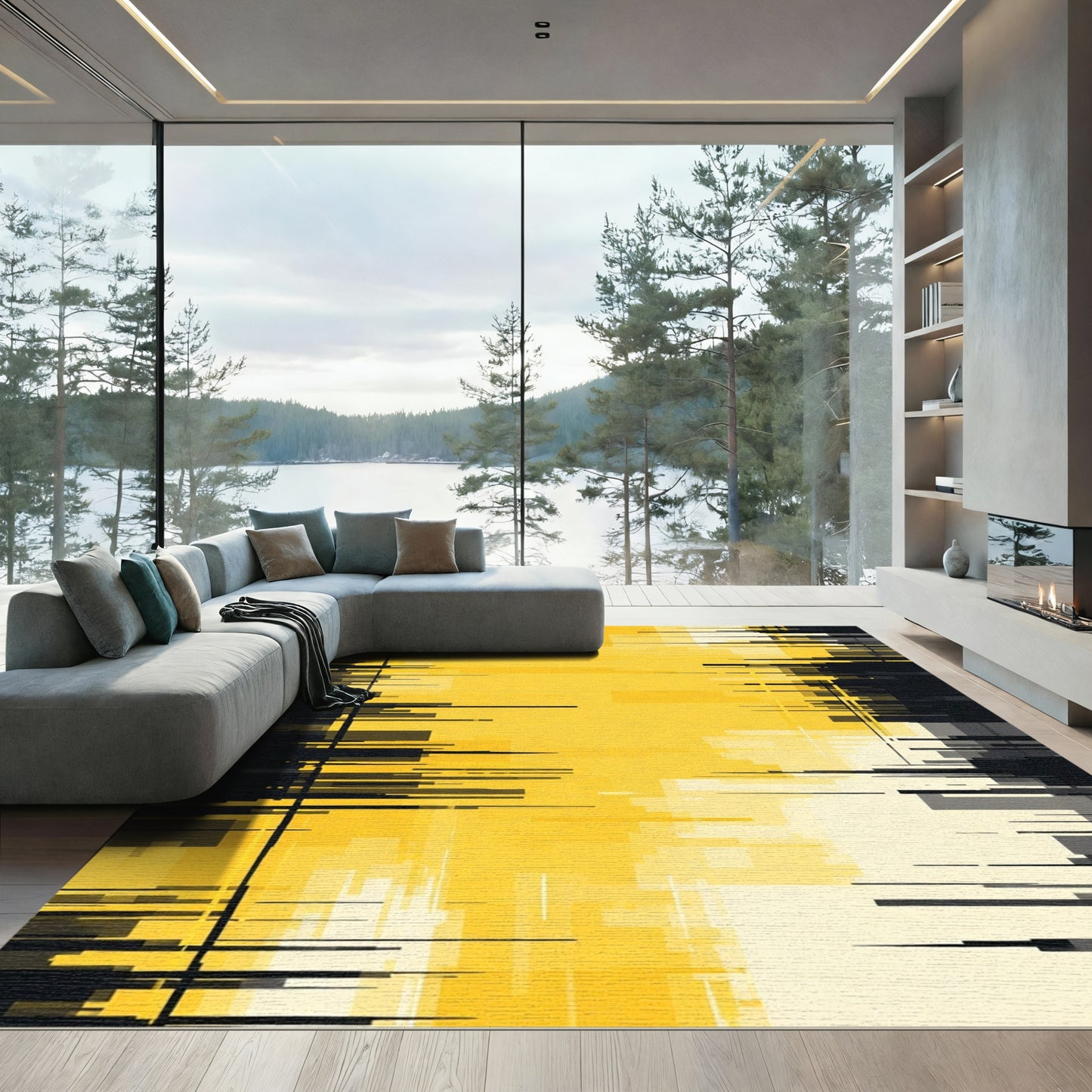 Yellow Black Glitch Abstract Rectangles Rug