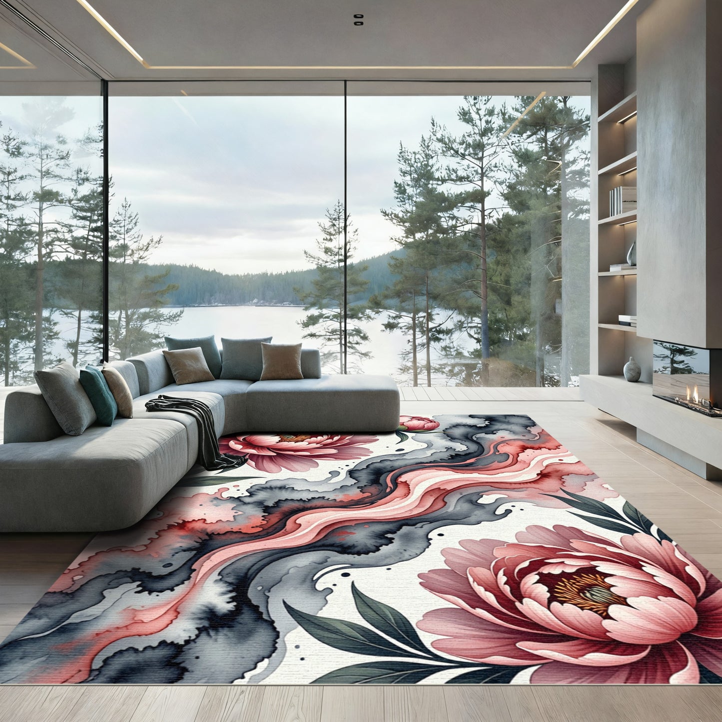 Elegant Pink Peony Watercolor Abstract Swirl Rug