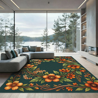 Vibrant Orange Floral Garland Border Rug