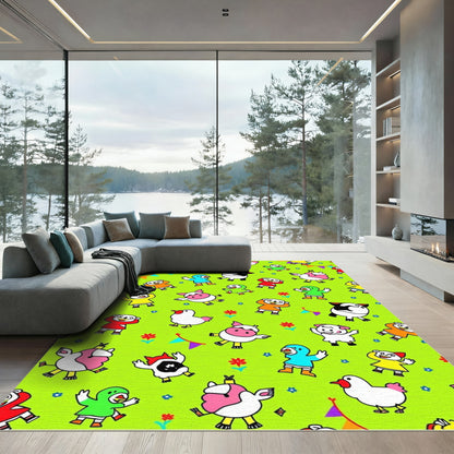 Playful Farm Animals Bright Floral Rug